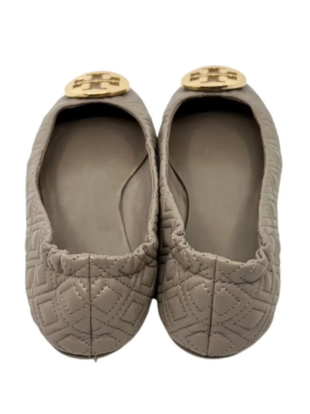 TORY BURCH~Minnie Quilted~TRAVEL BALLET FLAT~GRAY TAUPE LEATHER SZ 7.5 NEAR NEW